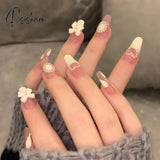 24pcs French Fake Nails White Bow Line Design Coffin Head Fake Nails for Girls Wearable Full Cover Manicure Acrylic Nail Tips