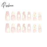 24Pcs French Fake Nails White Bow Line Design Coffin Head For Girls Wearable Full Cover Manicure