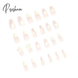 24Pcs French Fake Nails White Bow Line Design Coffin Head For Girls Wearable Full Cover Manicure