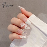 24Pcs French Ribbon Decor White False Nails Pearl Crystal Design Press On Nail Mid Length Stiletto