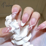 24Pcs French Ribbon Decor White False Nails Pearl Crystal Design Press On Nail Mid Length Stiletto