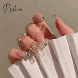 24Pcs French Ribbon Decor White False Nails Pearl Crystal Design Press On Nail Mid Length Stiletto