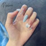 24Pcs French Ribbon Decor White False Nails Pearl Crystal Design Press On Nail Mid Length Stiletto