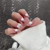 24Pcs French Ribbon Decor White False Nails Pearl Crystal Design Press On Nail Mid Length Stiletto