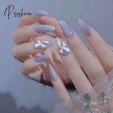 24Pcs French Ribbon Decor White False Nails Pearl Crystal Design Press On Nail Mid Length Stiletto