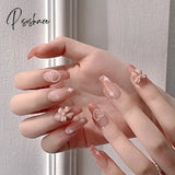 24Pcs French Ribbon Decor White False Nails Pearl Crystal Design Press On Nail Mid Length Stiletto