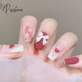 24Pcs French Ribbon Decor White False Nails Pearl Crystal Design Press On Nail Mid Length Stiletto