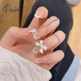 24Pcs French Ribbon Decor White False Nails Pearl Crystal Design Press On Nail Mid Length Stiletto