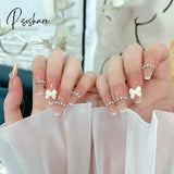 24Pcs French Ribbon Decor White False Nails Pearl Crystal Design Press On Nail Mid Length Stiletto