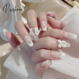 24Pcs French Ribbon Decor White False Nails Pearl Crystal Design Press On Nail Mid Length Stiletto