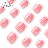 24Pcs French White Edge Fake Nails Short Coffin Nude Pink False Nail Tips Full Cover Detachable