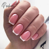 24Pcs French White Edge Fake Nails Short Coffin Nude Pink False Nail Tips Full Cover Detachable