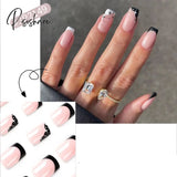 24Pcs French White Edge Fake Nails Short Coffin Nude Pink False Nail Tips Full Cover Detachable