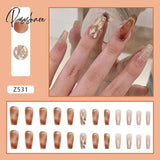 24Pcs Glitter Crystal False Nails Gray Color Full Finished Artificial With French Design Acrylic