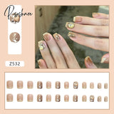 24Pcs Glitter Crystal False Nails Gray Color Full Finished Artificial With French Design Acrylic