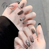 24pcs Glitter Crystal False Nails Gray Color Full Finished Artificial Nails with French Design Acrylic Nails for Girl Manicure