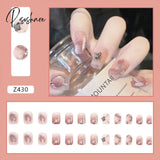 24Pcs Glitter Crystal False Nails Gray Color Full Finished Artificial With French Design Acrylic