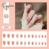 24Pcs Glitter Crystal False Nails Gray Color Full Finished Artificial With French Design Acrylic