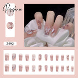 24Pcs Glitter Crystal False Nails Gray Color Full Finished Artificial With French Design Acrylic