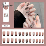 24Pcs Glitter Crystal False Nails Gray Color Full Finished Artificial With French Design Acrylic