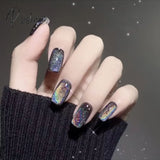 24Pcs Glitter Fake Nail Patch Cat Eye Design False Press On Finger Tips Detachable Full Cover