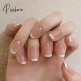 24Pcs Glitter Fake Nails Short Skin Tone And Pearl Design Pree On Nail Tips Wear Nail Art Finished