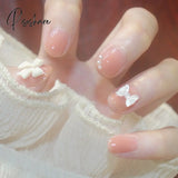 24Pcs Glitter Fake Nails Short Skin Tone And Pearl Design Pree On Nail Tips Wear Nail Art Finished