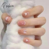 24Pcs Glitter Fake Nails Short Skin Tone And Pearl Design Pree On Nail Tips Wear Nail Art Finished