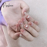 24Pcs Glitter Fake Nails Short Skin Tone And Pearl Design Pree On Nail Tips Wear Nail Art Finished