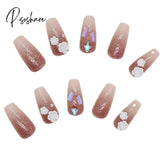 24Pcs Glitter Gradient Purple False Nails With French White Flower Design Full Cover Artificial