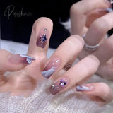 24Pcs Glitter Gradient Purple False Nails With French White Flower Design Full Cover Artificial