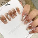 24Pcs Glitter Gradient Purple False Nails With French White Flower Design Full Cover Artificial