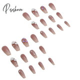 24Pcs Glitter Gradient Purple False Nails With French White Flower Design Full Cover Artificial