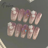 24Pcs Glitter Gradient Purple False Nails With French White Flower Design Full Cover Artificial