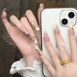 24Pcs Golden Line Manicure Fake Nails Long Ballerina Wearable Coffin False Full Cover Acrylic Nail