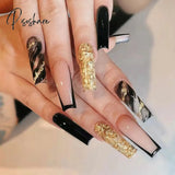 24Pcs Golden Line Manicure Fake Nails Long Ballerina Wearable Coffin False Full Cover Acrylic Nail