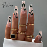 24Pcs Golden Line Manicure Fake Nails Long Ballerina Wearable Coffin False Full Cover Acrylic Nail