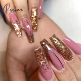 24Pcs Golden Line Manicure Fake Nails Long Ballerina Wearable Coffin False Full Cover Acrylic Nail