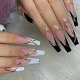 24Pcs Golden Line Manicure Fake Nails Long Ballerina Wearable Coffin False Full Cover Acrylic Nail