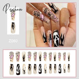 24Pcs Long Coffin False Nails Halloween Fire Designs Wearable French Ballerina Fake Press On Full