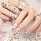 24Pcs Luxe Shining Rhinestone Wedding False Nails Transparent Glitter Gems Crown Designed Square