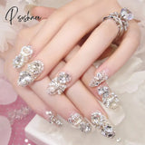 24Pcs Luxe Shining Rhinestone Wedding False Nails Transparent Glitter Gems Crown Designed Square