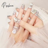 24Pcs Luxe Shining Rhinestone Wedding False Nails Transparent Glitter Gems Crown Designed Square