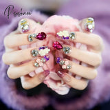 24Pcs Luxe Shining Rhinestone Wedding False Nails Transparent Glitter Gems Crown Designed Square