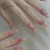 24Pcs Pink Heart Pattern False Nail With Diamond Decor Oval Pointed Head Fake Full Finished Press