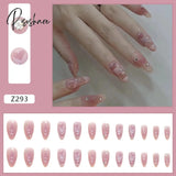 24Pcs Pink Heart Pattern False Nail With Diamond Decor Oval Pointed Head Fake Full Finished Press