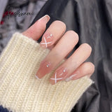 24Pcs Pink Heart Pattern False Nail With Diamond Decor Oval Pointed Head Fake Full Finished Press