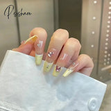 24Pcs Pink Heart Pattern False Nail With Diamond Decor Oval Pointed Head Fake Full Finished Press