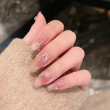 24Pcs Pink Heart Pattern False Nail With Diamond Decor Oval Pointed Head Fake Full Finished Press