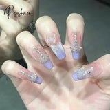 24Pcs Pink Heart Pattern False Nail With Diamond Decor Oval Pointed Head Fake Full Finished Press